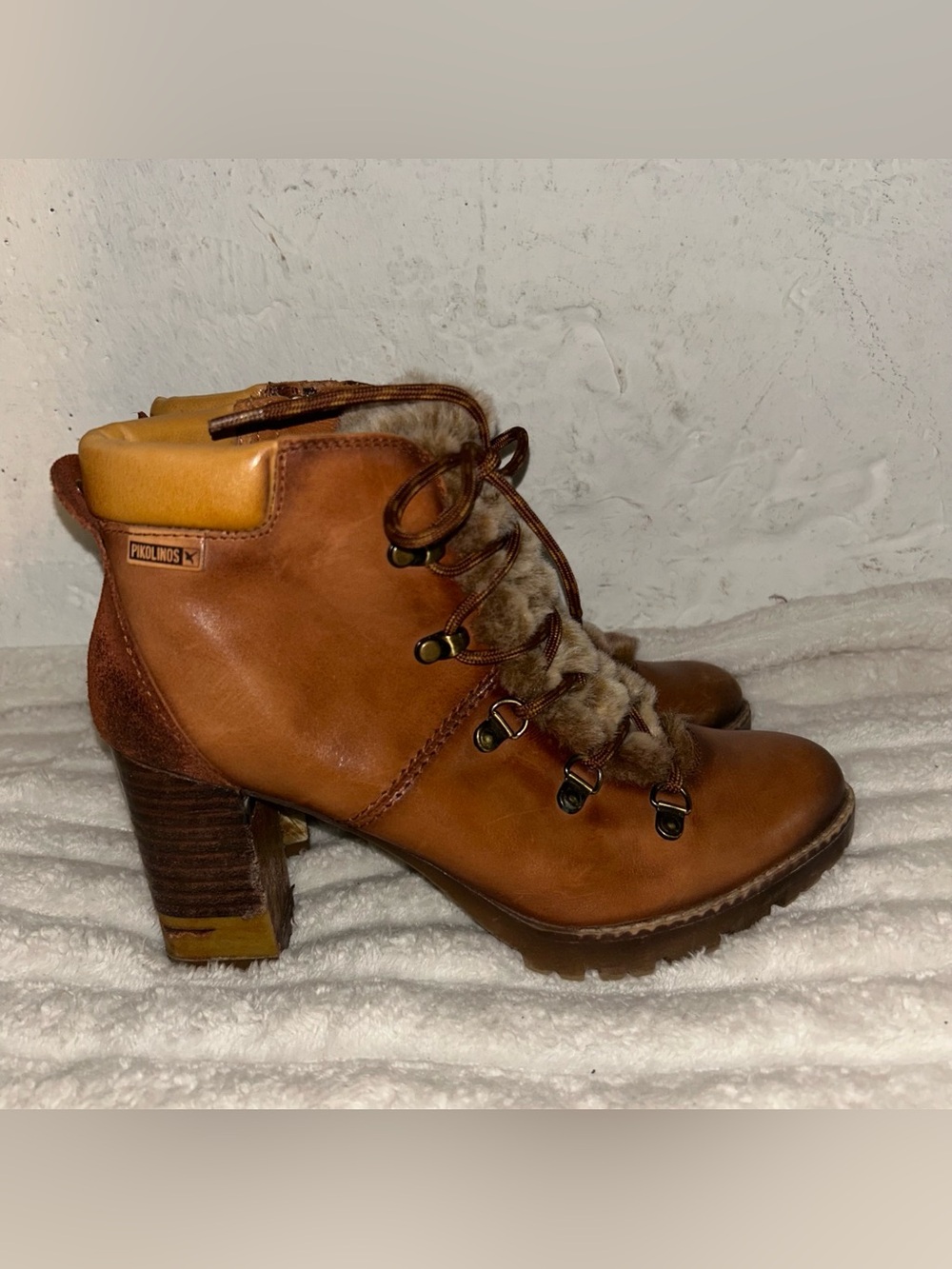 Fur-Trim Leather Hiking Ankle Boots Brown Pikolinos Block Heel Lug Sole Size 39